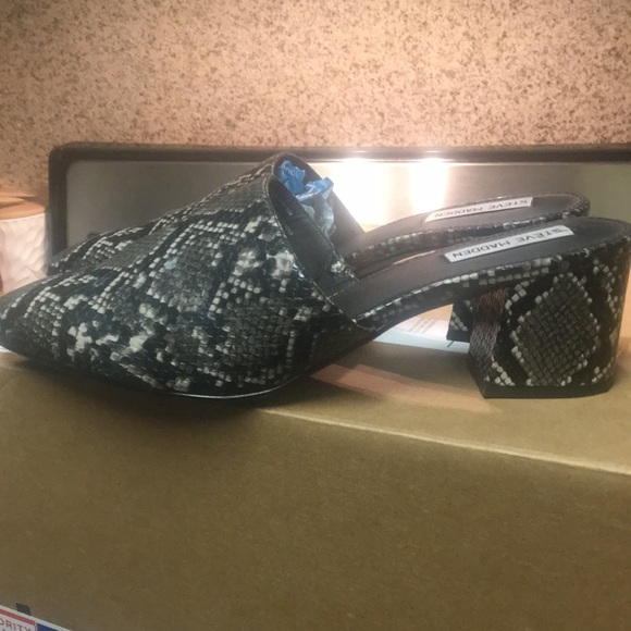 Steve Madden Bishop Black Snakeskin Block Heel Mules Size 11 - Picture 7 of 8